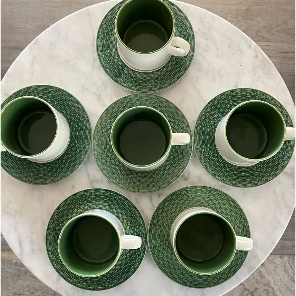 Pier 1 Stackable Coffee Mug & Basket Weave Green/white Saucer Set Of 6 Italy